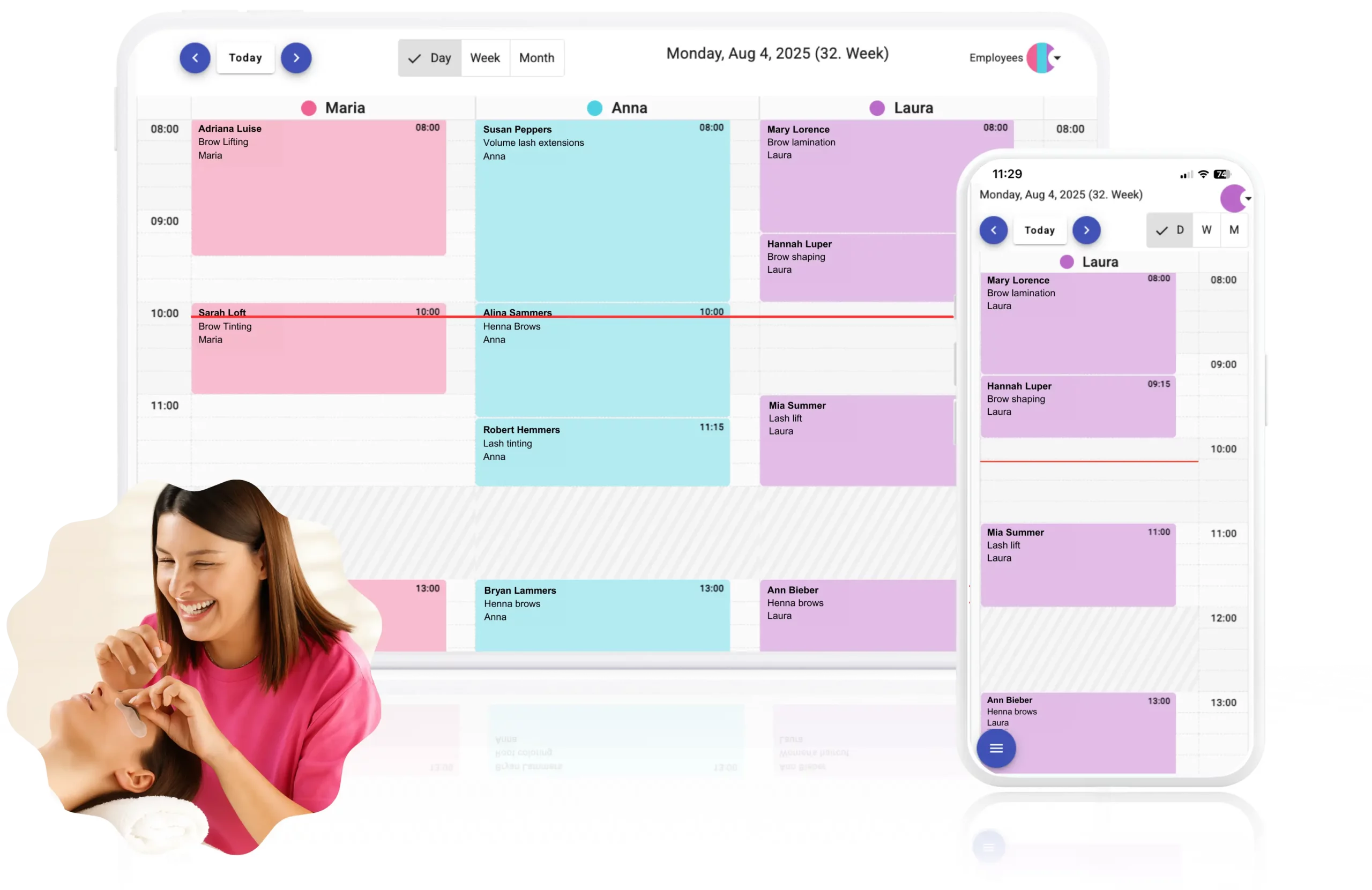 Online appointment calendar software for Brow & Lash Studios with smart scheduling on desktop and mobile.