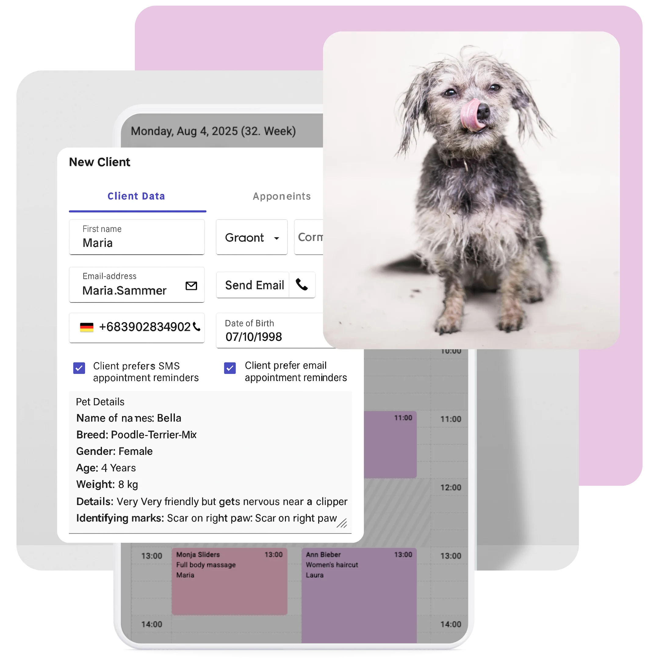 Digital client and pet profile software for dog grooming salons – manage client info, pet details, and grooming history.