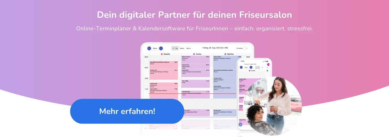 Online-Terminplaner und Friseur-Software von Calendall mit Kalenderansicht und Friseurin im Bild