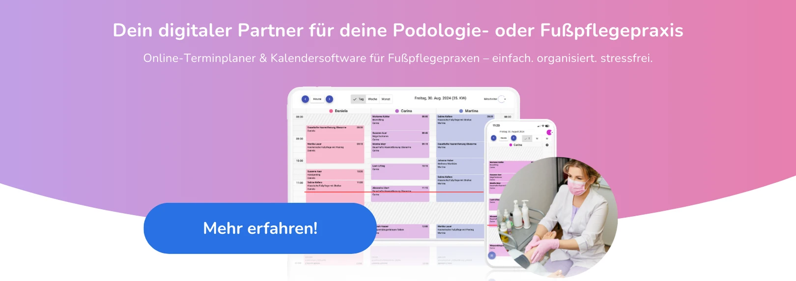 Online-Terminplaner und Fußpflege-Software von Calendall mit Kalenderansicht und Podologin im Bild