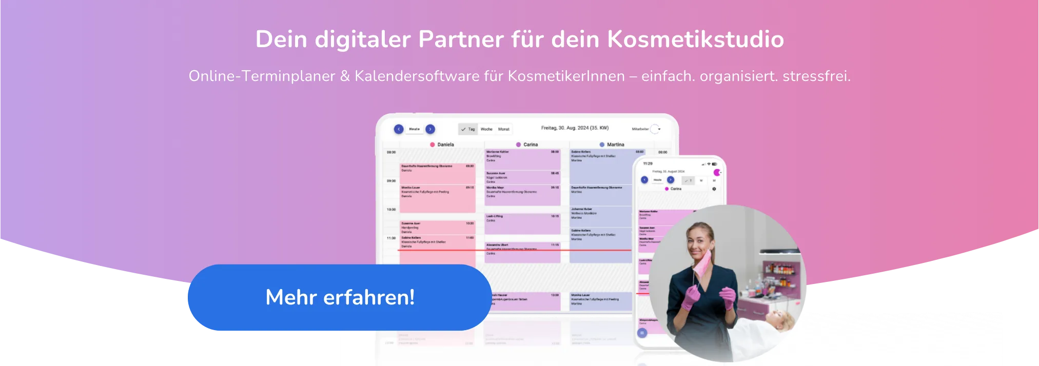 Online-Terminplaner und Kosmetikstudio-Software von Calendall mit Kalenderansicht und Nagelstylistin im Bild