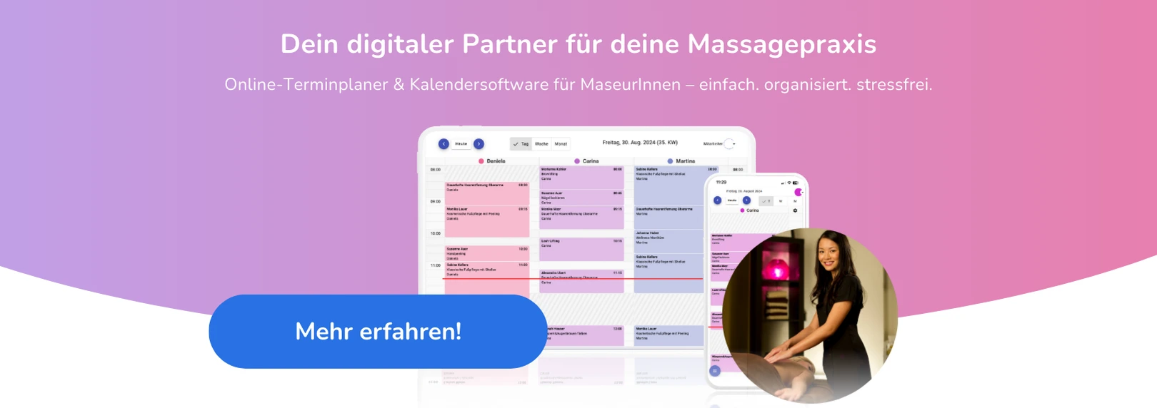 Online-Terminplaner und Massagesalon-Software von Calendall mit Kalenderansicht und Thai-Masseurin im Bild
