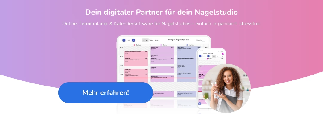 Online-Terminplaner und Nagelstudio-Software von Calendall mit Kalenderansicht und Nagelstylistin im Bild