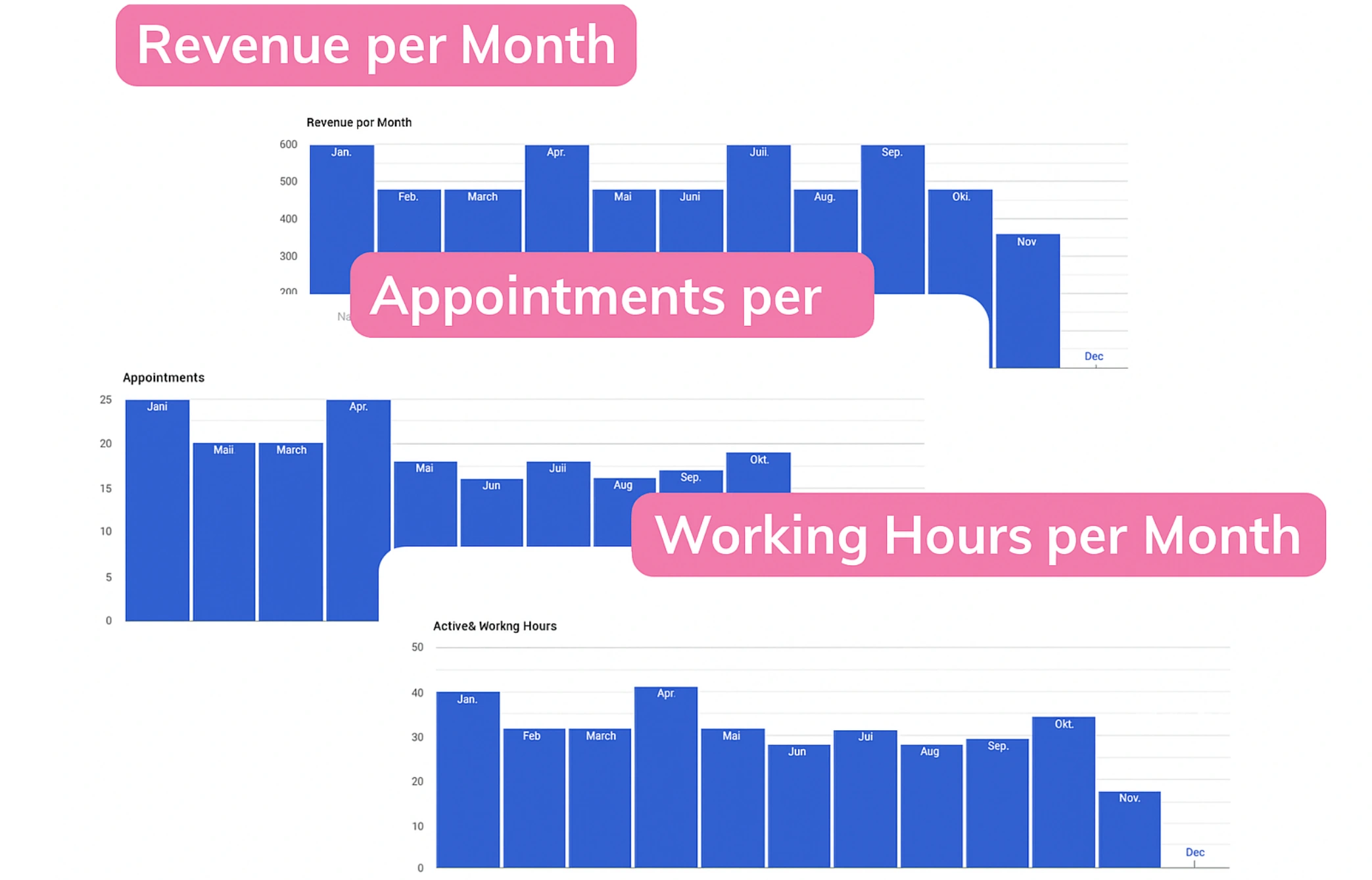 Statistics dashboard of Calendall appointment software showing monthly revenue, bookings, and working hours for hair and beauty salons.
