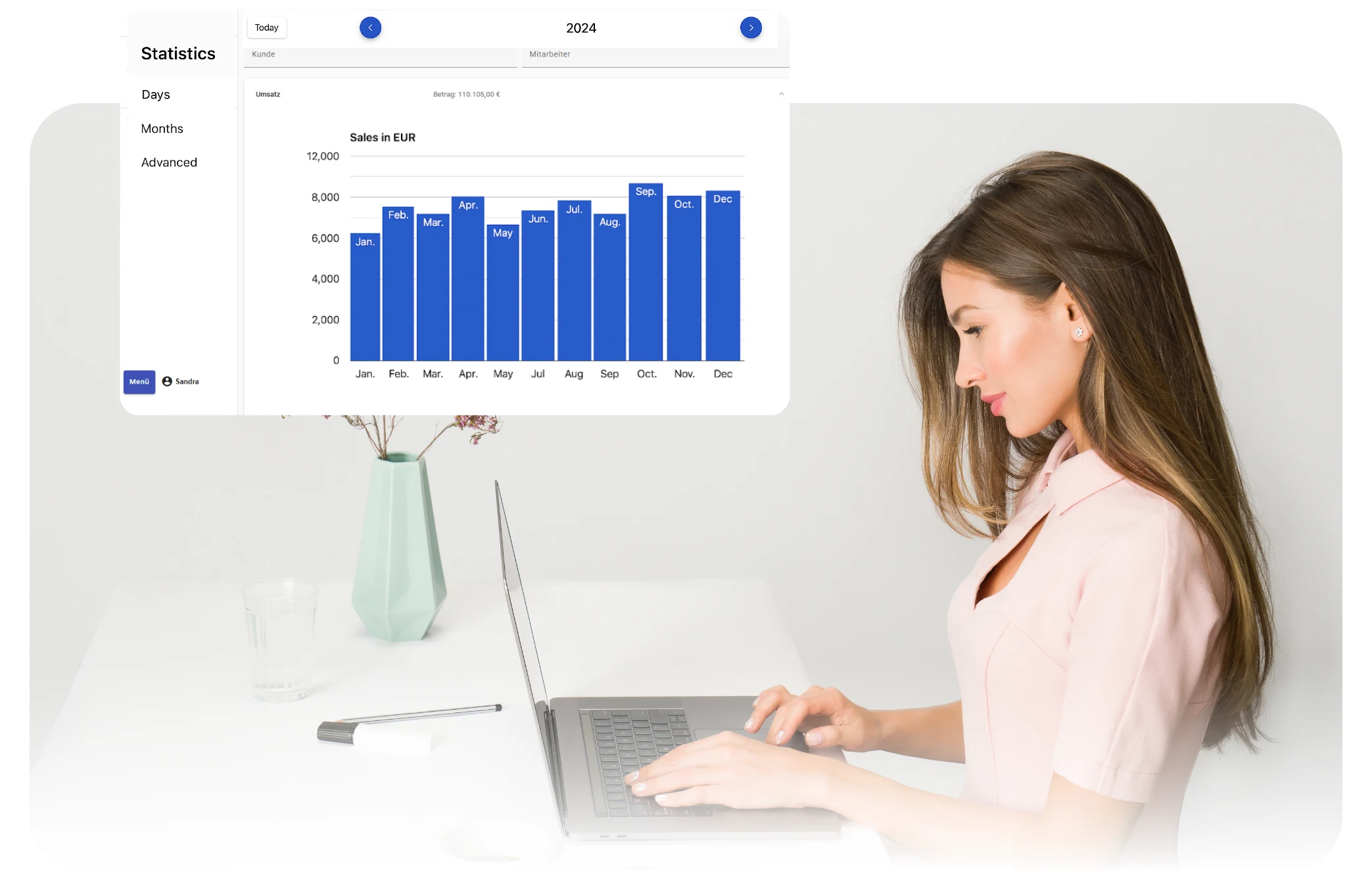 Salon owner reviewing business statistics in Calendall scheduling software to optimize performance.