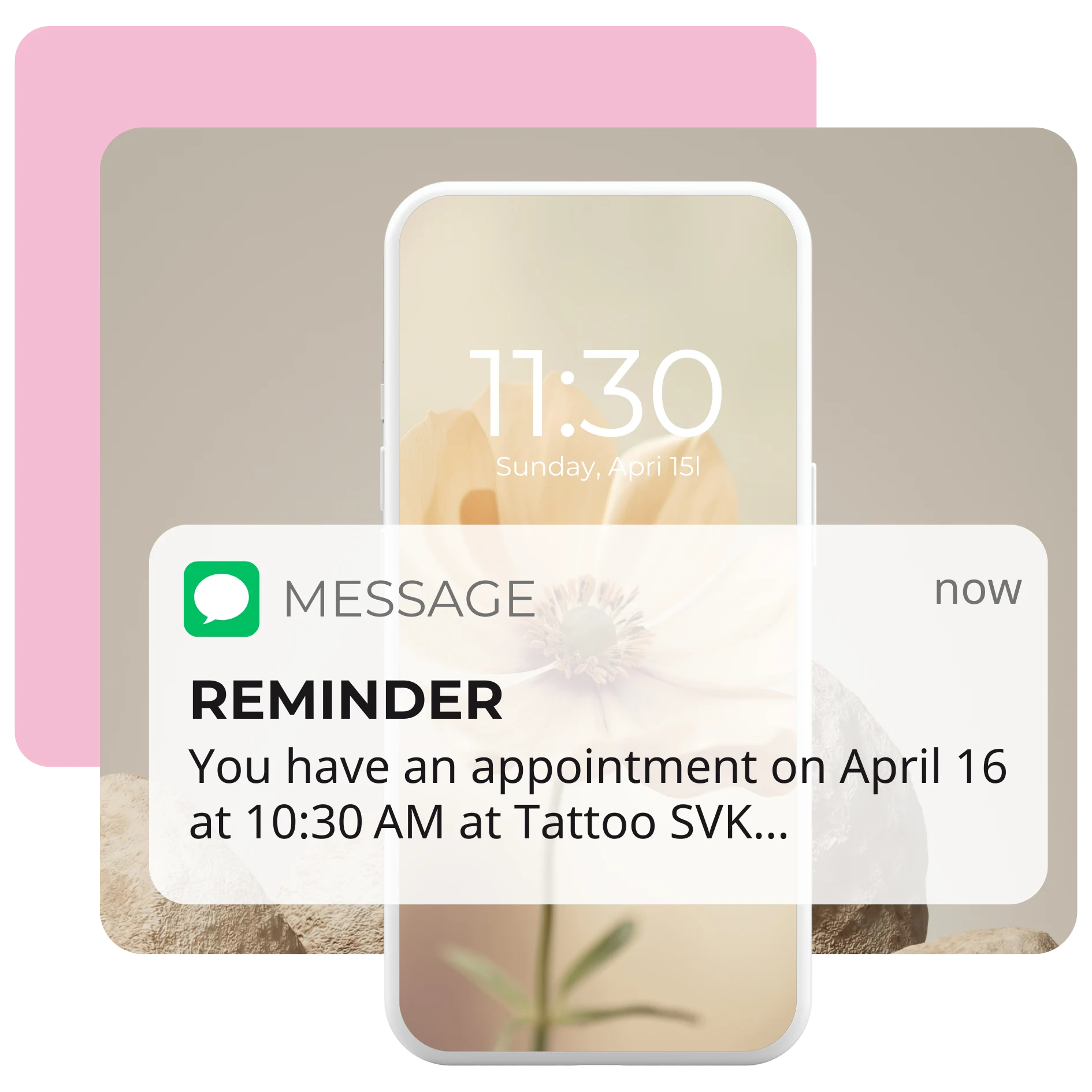 Automated appointment reminder message for tattoo studio clients via SMS to reduce no-shows