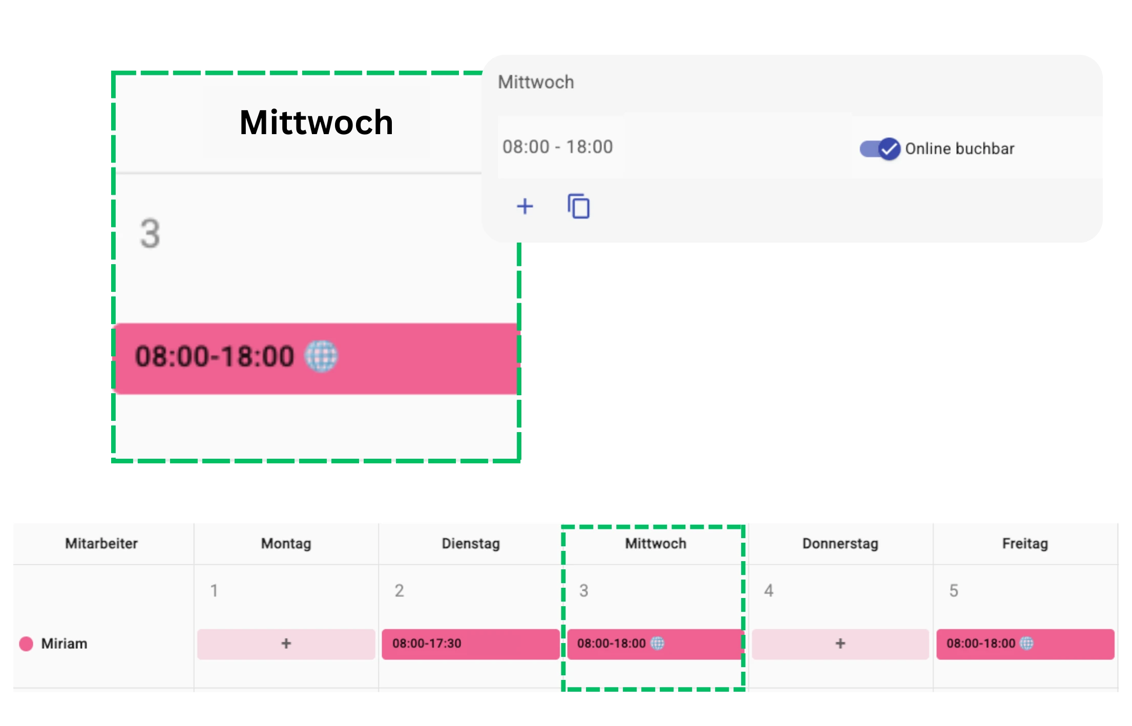 Online-Dienstplan mit integrierter Online-Terminbuchung und buchbaren Arbeitszeiten