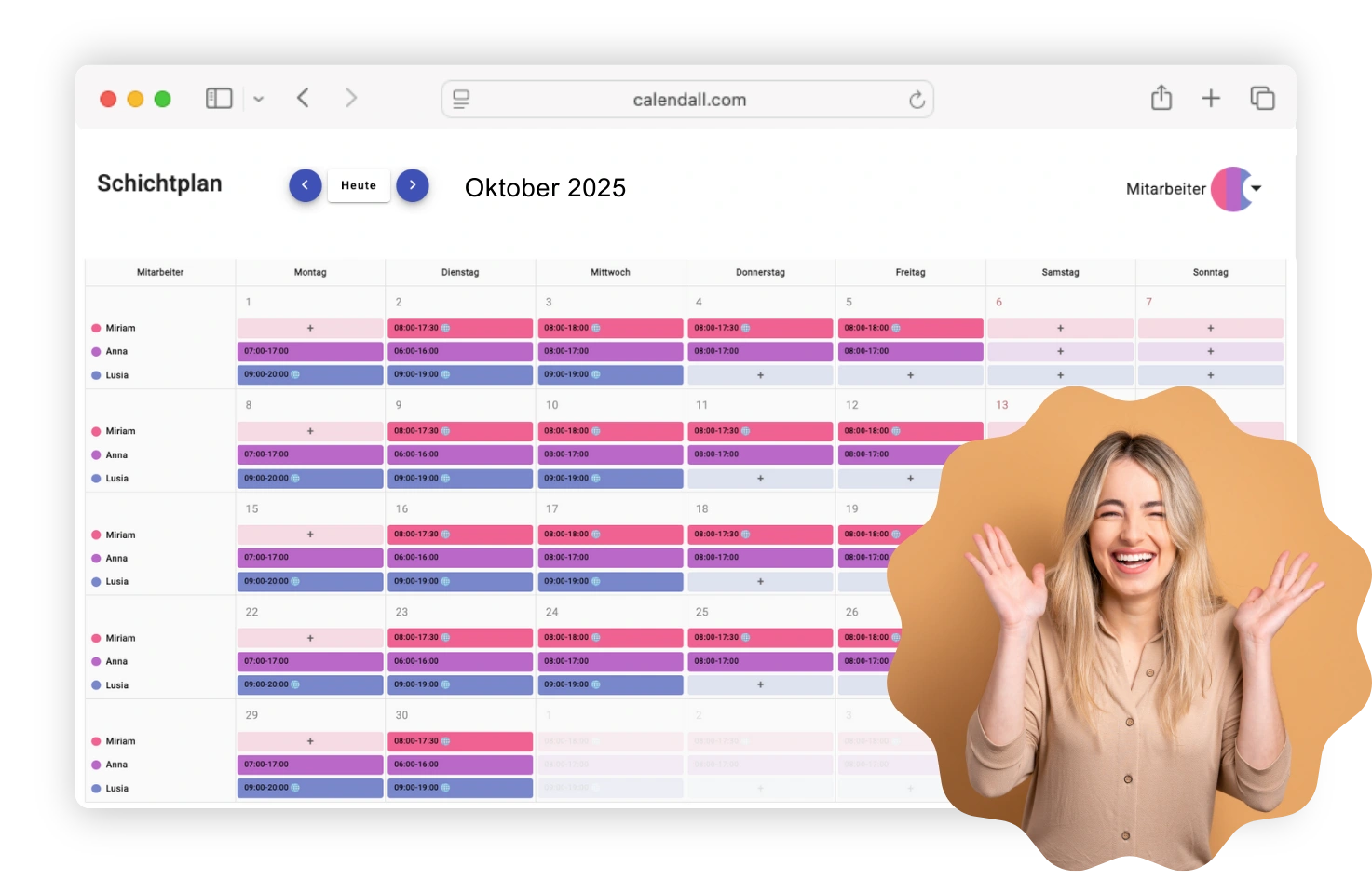 Online-Dienstplan mit Mitarbeiter-Arbeitszeiten im Online-Terminplaner von Calendall für Friseur- Kosmetik- und Gesundheitsbetriebe