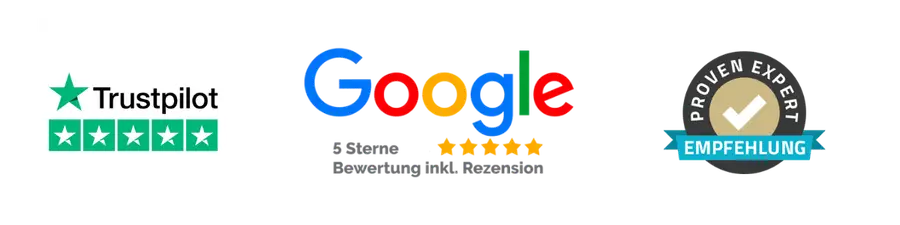 Proven Expert Empfehlungssiegel, Truspilot Berwertungen und Google-Bewertung mit 5 Sternen auf der Erfahrungssektion von Calendall