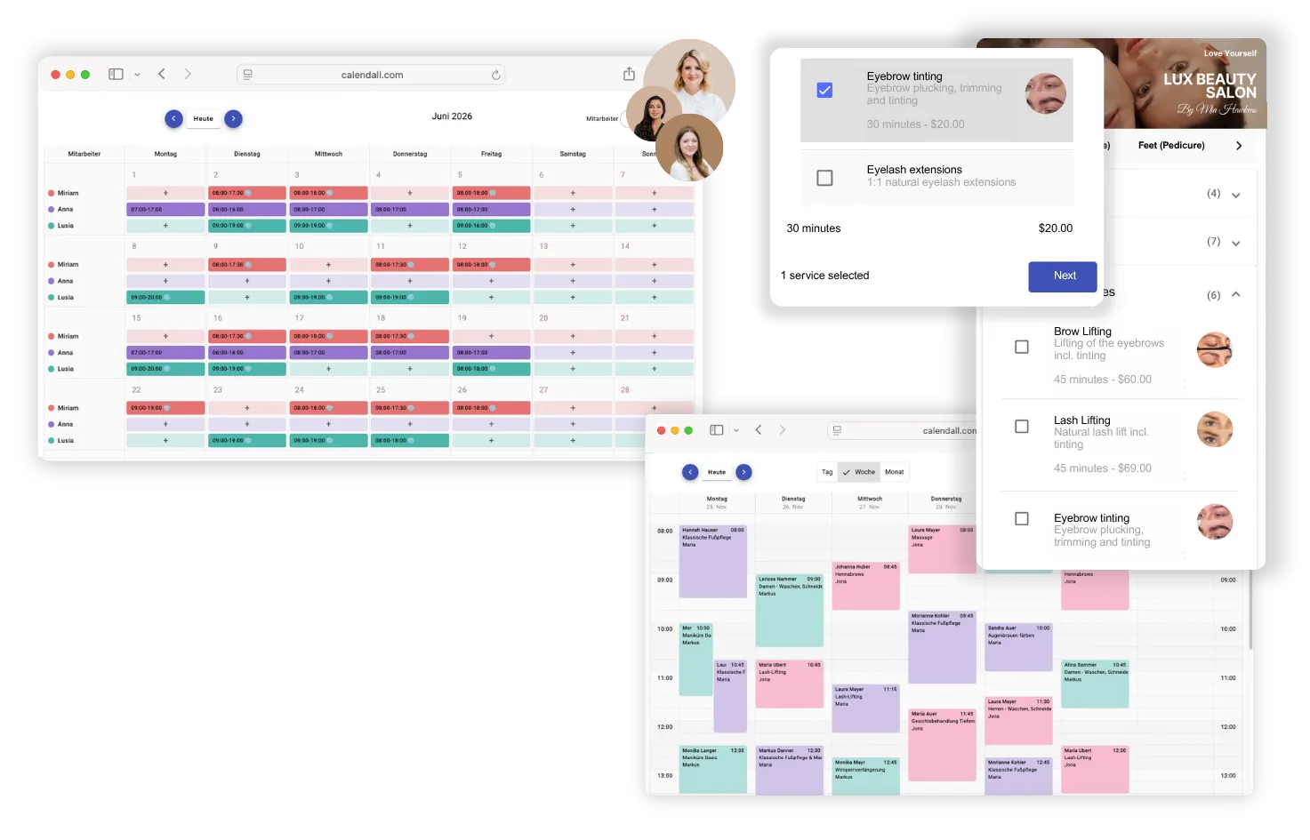  Staff roster connected with salon scheduling software and online booking system in Calendall showing synced appointments and working hours