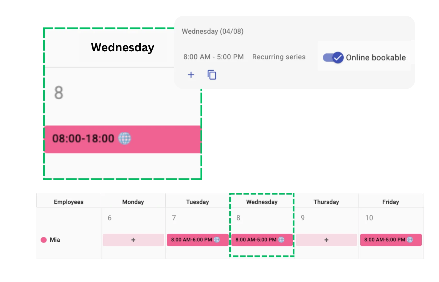 Staff roster integrated with online booking system in Calendall salon scheduling software showing available working hours per employee