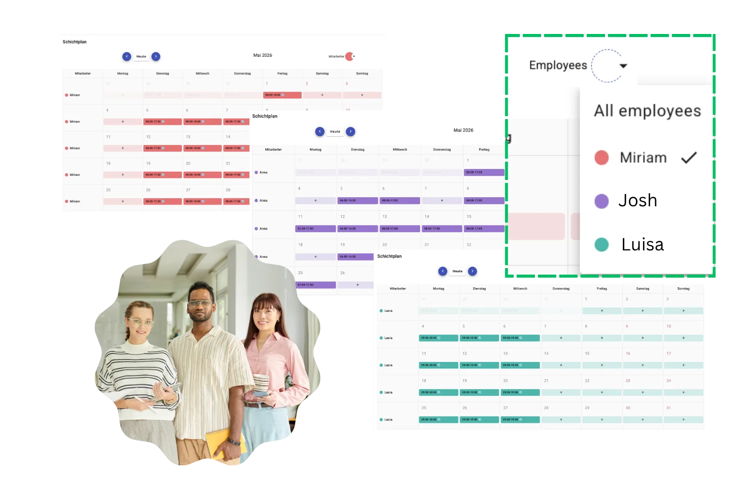 Staff member viewing working hours in Calendall online staff roster with monthly overview and booking confirmation on mobile